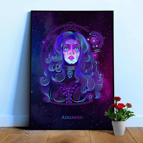 Aquarius — Zodiac neon sign poster, astrology poster, neon poster, space poster, synthwave, retrowave