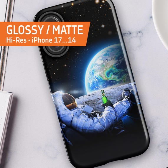 Astronaut on the Moon with Beer iPhone Cover — Tough Case for iPhone 17/16/15/14/13 (Glossy/Matte), Funny Space Case, Galaxy Gift for Him