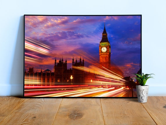 Neon city: Big Ben clock tower, London, England — aesthetic neon poster, night glowing art print, cityscape wall art and nerdy gift for him