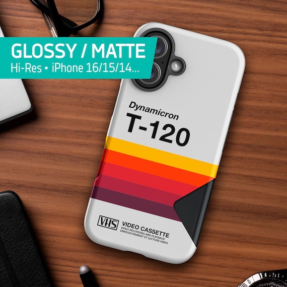 VHS cassette phone case • T-120 — Tough Case for iPhone 16/15/14/13 (Glossy/Matte), iPhone retrowave case, 1980s retro case