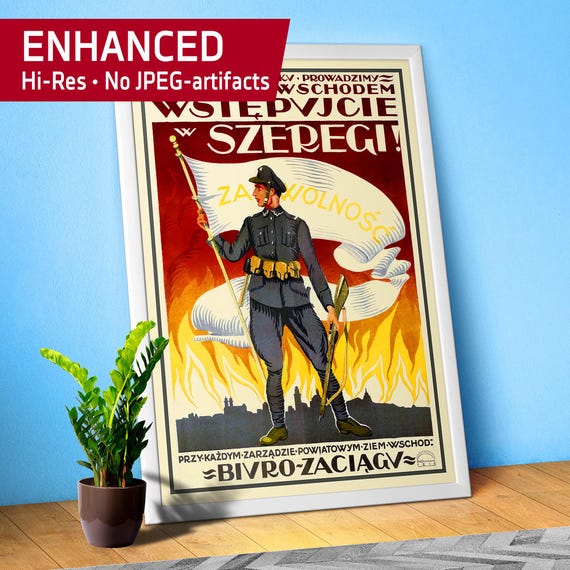 Vintage Poland Poster 1920s – “Za Wolność” Polish Soldier WW1 Era Propaganda Art, Patriotic & Historical Wall Print, Patriotic Wall Decor