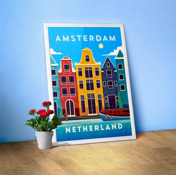 Amsterdam, Netherlands/Holland — Retro travel minimalist poster, retro travel art, retro travel wall art, vector art