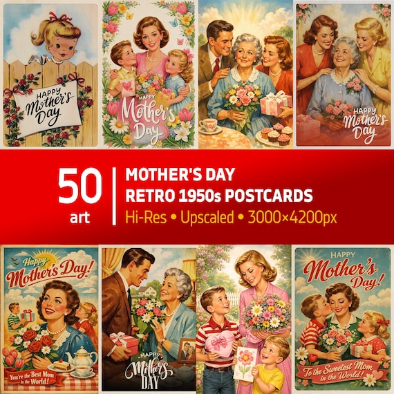 Mother's Day Retro Postcards bundle 1950s – Digital Download vintage printable cards set, 10 May Retro print art and wall decor, Stickers