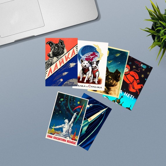 Laika, first space dog, Soviet space — Set of space postcards (6 different items). Soviet vintage space poster, propaganda poster