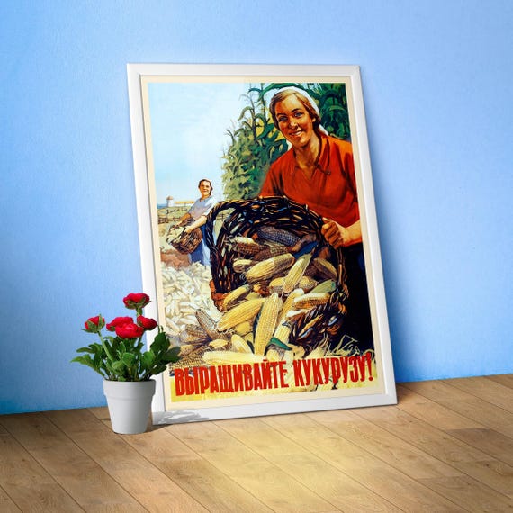 Soviet Corn Poster – USSR 1955 Vintage Food Propaganda Print, Retro Russian Kitchen Art, Soviet Farming Decor, Mid Century Wall Art