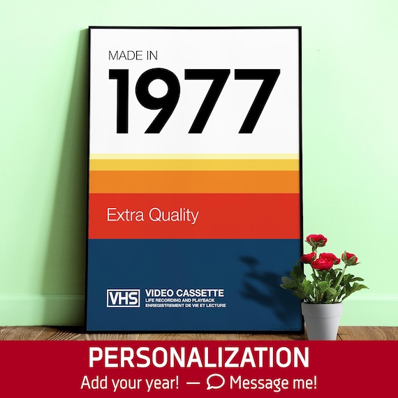 1977 VHS Cassette Poster — Personalized Birth Year Print ◼ Retro 1970s Wall Art, Memphis Design, Vintage VHS Type Cover, Style Gift
