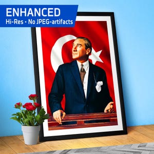 Ataturk Poster with border, Turkey art — Mustafa Kemal Ataturk print. Turkey history art, Patriotic Wall Art for Office,Classroom/Home Decor