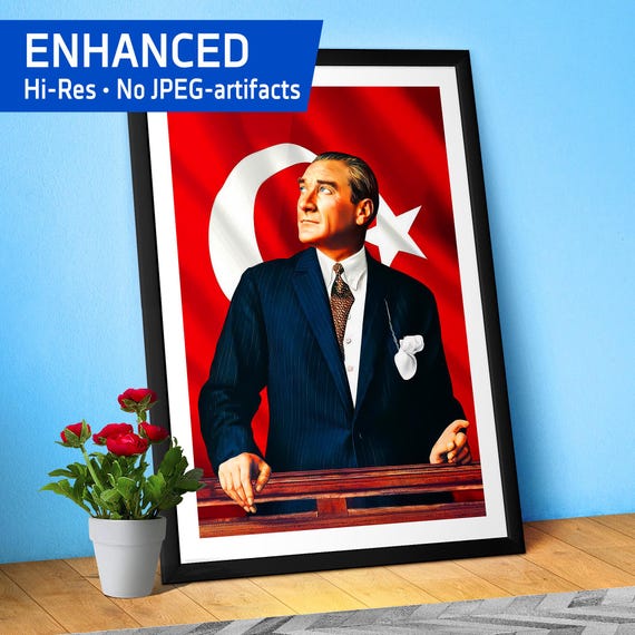 Ataturk Poster with border, Turkey art — Mustafa Kemal Ataturk print. Turkey history art, Patriotic Wall Art for Office,Classroom/Home Decor
