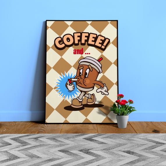 Coffee and Cigarettes: Retro cartoon coffee poster β vintage espresso art prints, kitchen wall decor, fun coffee shop artwork, coffee lover