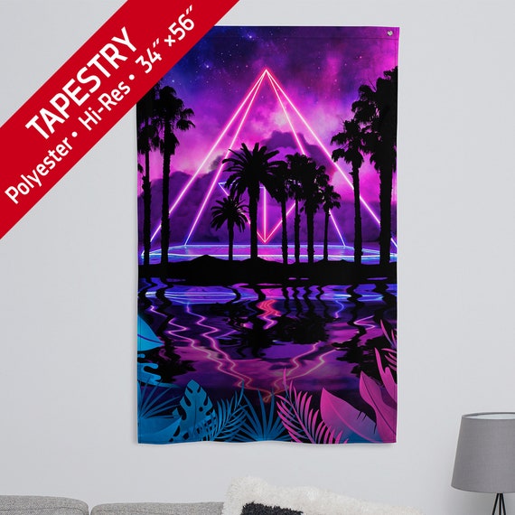 Neon palms landscape: Pyramid [synthwave/vaporwave/cyberpunk] — Tapestry, flag, banner. Space poster, space decor, space wall tapestry