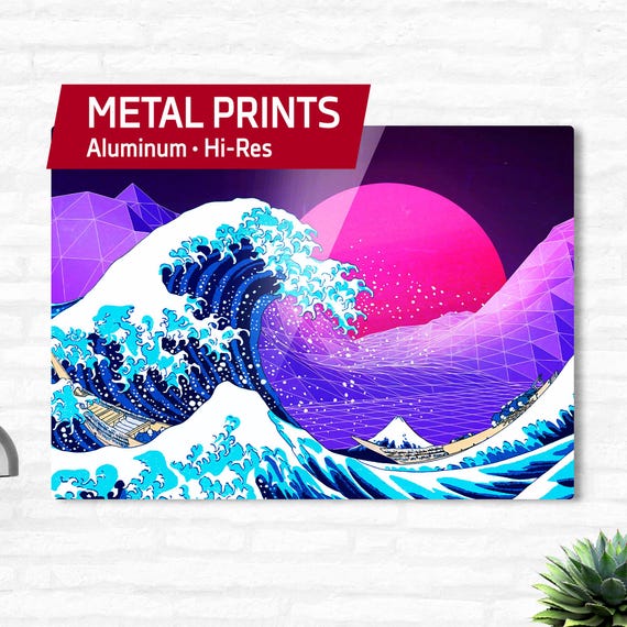 Retrowave The Great Wave off Kanagawa [cyberpunk/vaporwave] — Metal print. Aesthetic metal wall art, retrowave print, neon wall decor 1980s