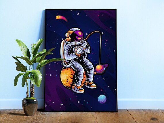 Funny Astronaut Poster: Fishing a stars — Retro space print, surreal moon art, galaxy wall decor, astronaut gift, 80s neon aesthetic