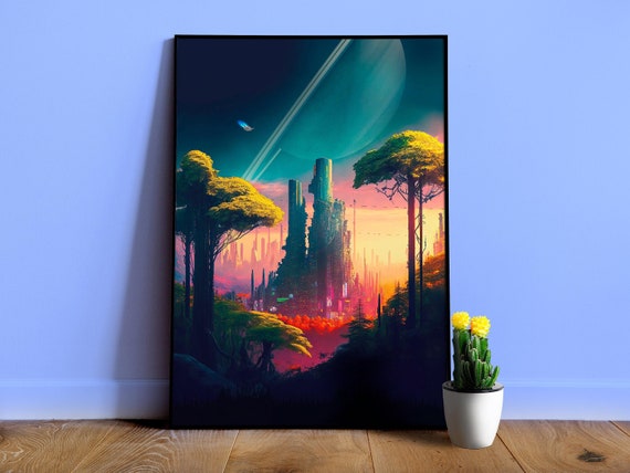 Neon cyberpunk city in a forest in orbit around Saturn (Star Wars/Blade Runner style) — surreal space collage art, futuristic sci-fi collage