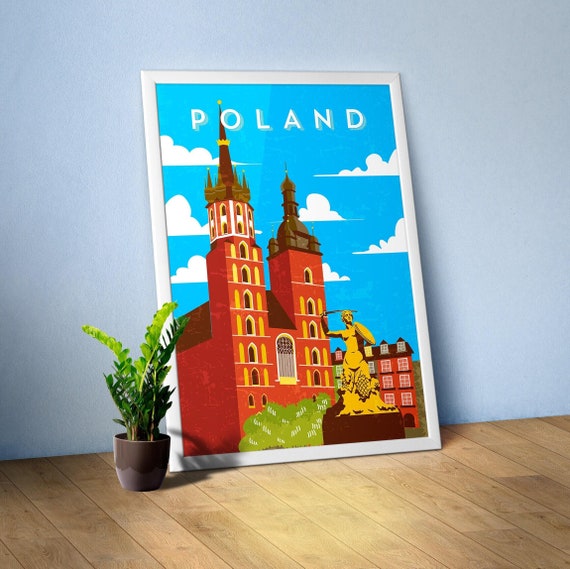 Poland, Krakow — Retro travel minimalist poster, retro travel art, retro travel wall art, vector art