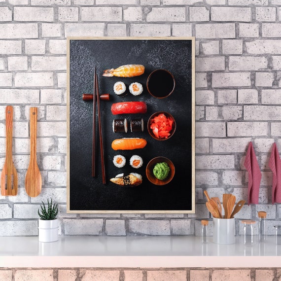 Sushi Wall Art – Japanese Food Poster, Minimalist Kitchen Decor, Japan Cuisine Print, Aesthetic Blackboard Style Sushi Artwork