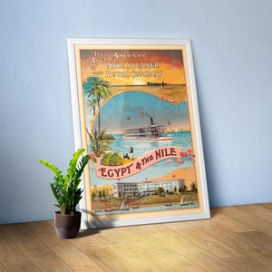 Egypt & The Nile, 1910s — Retro travel poster. Rare Vintage travel art with river, palms, desert