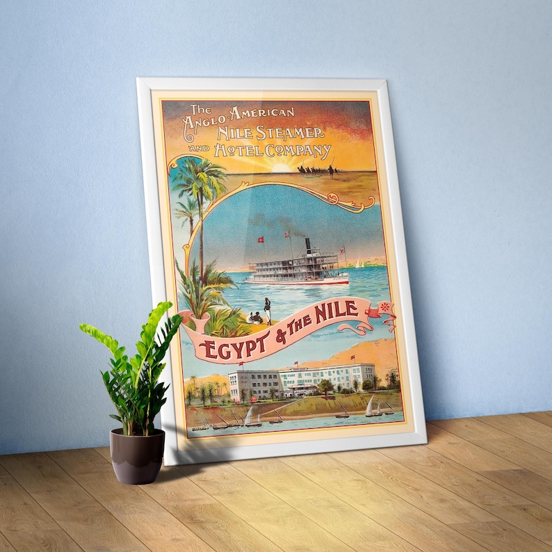 Egypt & The Nile, 1910s — Retro travel poster. Rare Vintage travel art with river, palms, desert