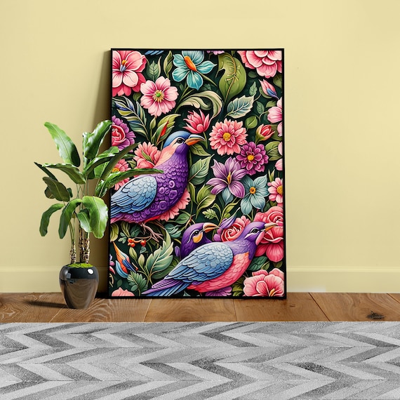 Tropical Birds and Flowers Wall Art — Colorful Poster with Exotic Birds ◾ Vibrant Nature Print for Home Decor, Boho Botanical Art