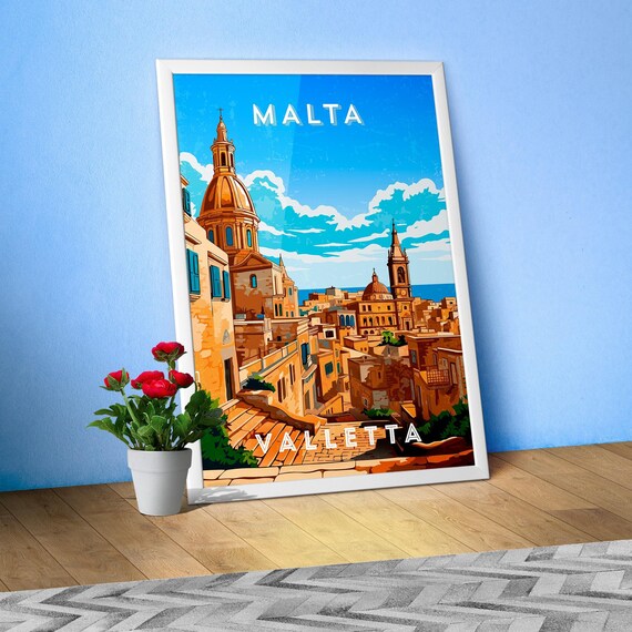 Malta, Valletta — Retro travel minimalist poster, retro travel art, retro travel wall art, vector art