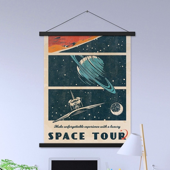 Space Tour — Vintage Poster with hangers. Vintage space poster, retro space art, propaganda poster, retrofuturism art