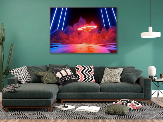 Neon landscape: Saturn [vaporwave/cyberpunk/gamer room] — aesthetic poster, fantastic space, retrowave art print, neon vaporwave