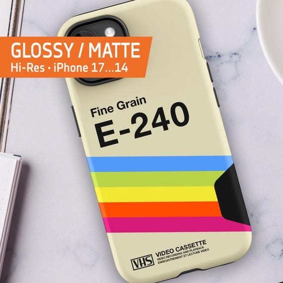VHS cassette case · E-240 [retrowave/vaporwave] — Tough Case for iPhone 17/16/15/14/13 (Glossy/Matte). 80s iPhone case. Retro phone case