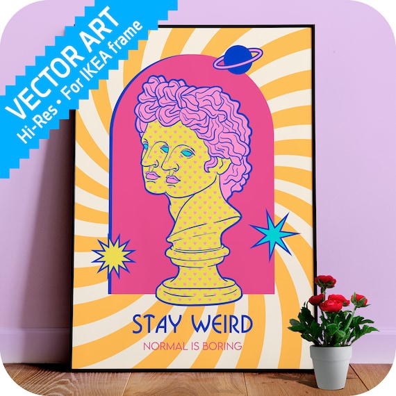 Stay Weird Poster — Retro aesthetic quote print, Memphis 80s wall art, bold color pop decor, feel good affirmation, vaporwave design