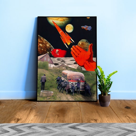 Soviet space race, 1960s collage — space vintage retro collage art, 50s futuristic sci-fi collage, surreal collage art, Soviet poster