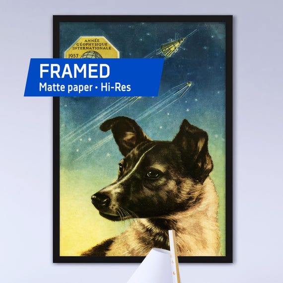 Famous Laika space dog poster, USSR 1958 — Framed matte paper poster. Soviet vintage space art print, 1950s propaganda poster, perfect gift
