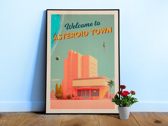 Welcome to Asteroid Town! — Vintage space poster, retro space art, propaganda poster, retrofuturism