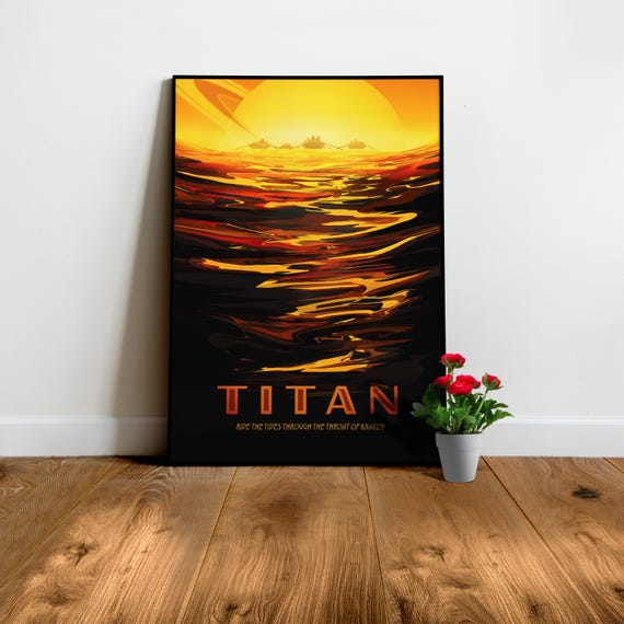 Titan, Saturn space travel — Retro space poster, 1950s space wall decor, 1960s travel art print, aesthetic space travel art
