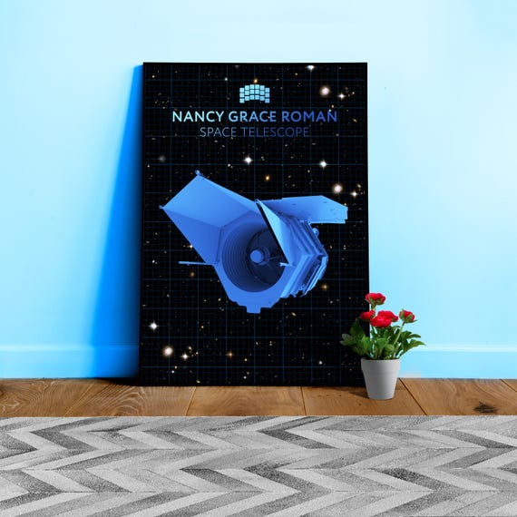 Nancy Grace Roman Telescope Blueprint Poster, front view — NASA NGRST Space Print, Futuristic Science Wall Art, Space Blueprint Decor