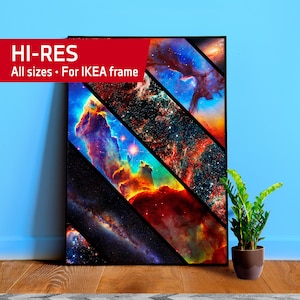 Space collage: nebula mashups (Trifid Nebula, Pillars of Creation, Milky Way) — NASA Hubble Space Telescope, space poster, science poster