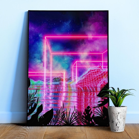 Neon palms landscape: Cube [synthwave/vaporwave/cyberpunk] — aesthetic poster, retrowave poster, vaporwave poster, neon poster