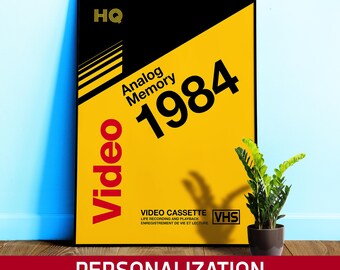 VHS cover 1984, Retrowave poster — Personalized gift 1980s. Video cassette cover, Wall decor with custom year Gift 1980s, Vivid Nostalgia