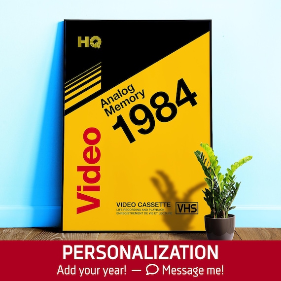 VHS cover 1984, Retrowave poster — Personalized gift 1980s. Video cassette cover, Wall decor with custom year Gift 1980s, Vivid Nostalgia