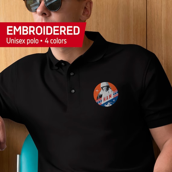 Ham embroidered T-shirt, First chimp in space, USA, 1961 — Embroidered Men's Premium Polo, retro space, vintage space, space patch, 1960s
