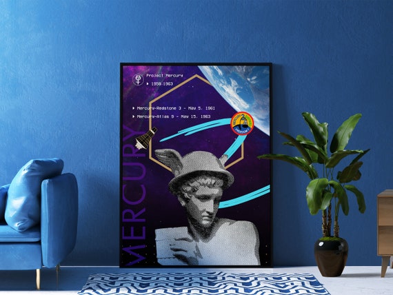 NASA Project Mercury Poster – Retro space program wall art, synthwave space print, vaporwave decor, sci-fi poster, 80s neon aesthetic