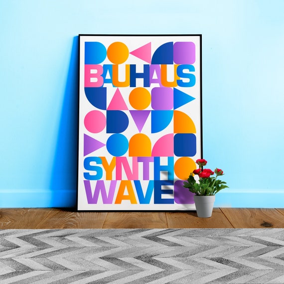Synthwave Bauhaus Rainbow poster #1 (pink-blue-yellow) — abstract poster, retrowave print, vaporwave geometric art, 1980s print, 1930s decor