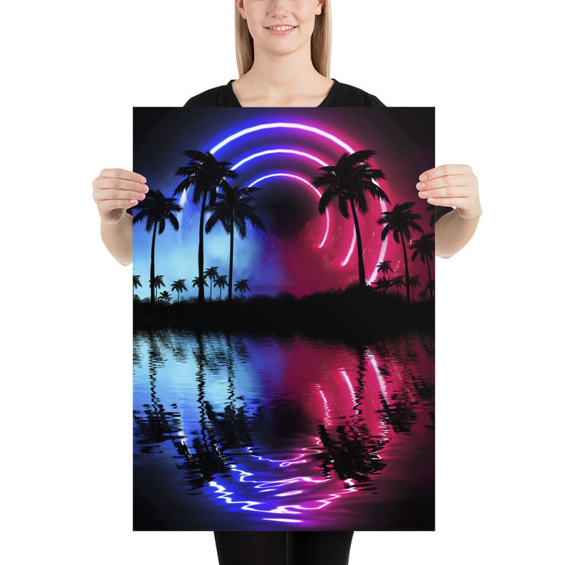 Neon landscape: Palms & Arc [synthwave/vaporwave/cyberpunk] — aesthetic poster, retrowave poster, vaporwave poster, neon poster
