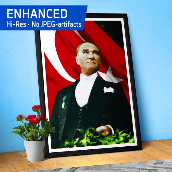 Mustafa Kemal Atatürk poster with Border — Turkey poster. Founding Leader Wall Art, Patriotic Turkish Home, Ataturk Istanbul portrait