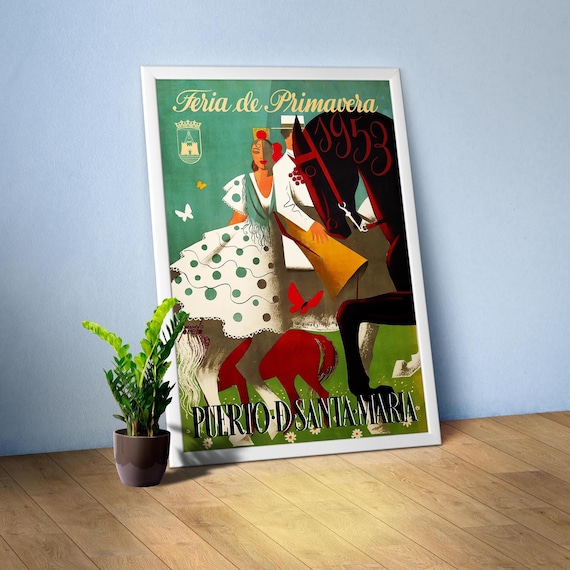 Spain poster, Feria De Primavera / Puerto de Santa-Maria, 1950s — Corrida retro travel poster, Vintage travel art print, toreador, torero
