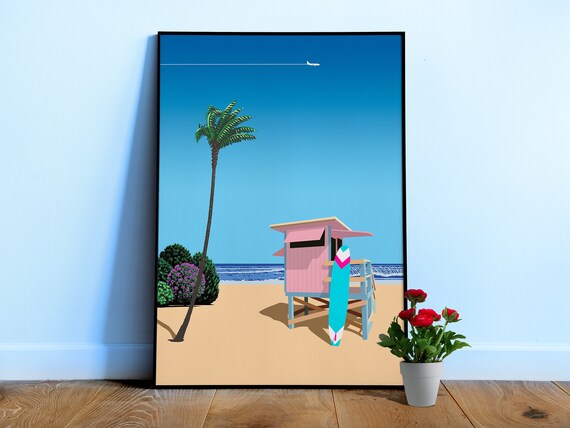 California, USA. Surf beach — City Pop art, retrowave/vaporwave poster, 80s, aesthetic poster, Hiroshi Nagai inspired art, minimalist poster
