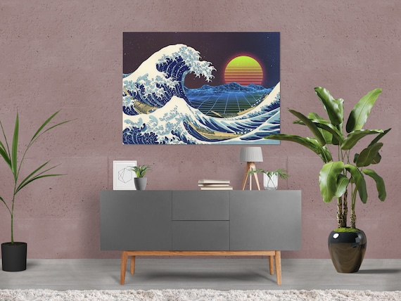 Synthwave Space: The Great Wave off Kanagawa [synthwave/vaporwave/cyberpunk] — aesthetic poster, retrowave poster, neon poster, ukiyo-e