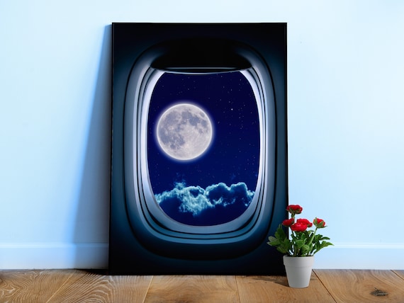 Airplane porthole/window and Moon — Photo paper glossy poster. Space poster, space print, travel gift