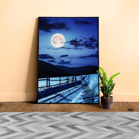 Full Moon wall art – Moon Over Horizon Night Landscape poster, Forest and Mountain Moon photography prints
