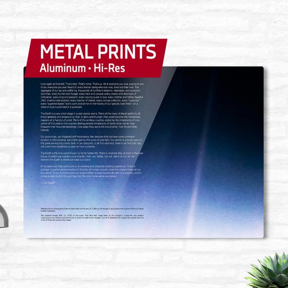 Pale Blue Dot metal wall art • NASA Voyager 1 (2020 revision) with astronomy quote — Metal print. Space poster, science art, wall decor