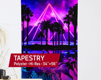 Landschap met neonpalmen: piramide [vaporwave/cyberpunk/jaren 80] — wandtapijt. Vlag, spandoek. Ruimteprint, neon wanddecoratie, nerdy cadeaus voor wandtapijten