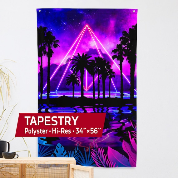 Neon palms landscape: Pyramid [vaporwave/cyberpunk/1980s] — Tapestry. Flag, banner. Space print, Neon wall decor, wall tapestry nerdy gifts