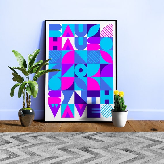 Bauhaus Synthwave #4 poster (pink-blue) — abstract poster, retrowave print, vaporwave geometric art, 1980s print, 1930s wall decor